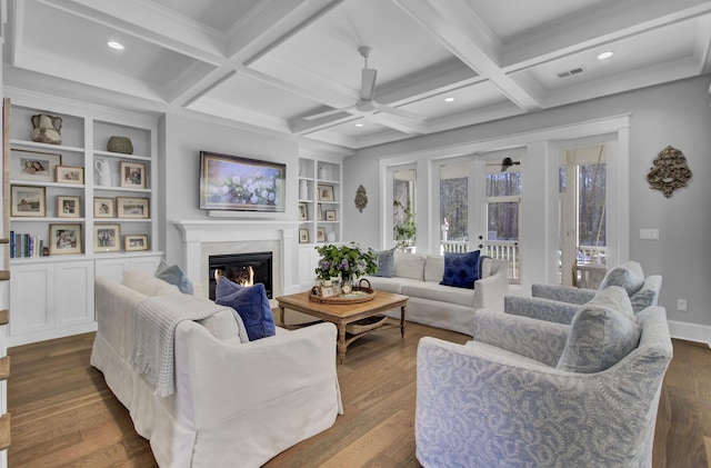 1098 Reserve Ln, Awendaw, SC 29429 - living area featuring ceiling fan, a high end fireplace, dark wood-style flooring, beam ceiling, and recessed lighting