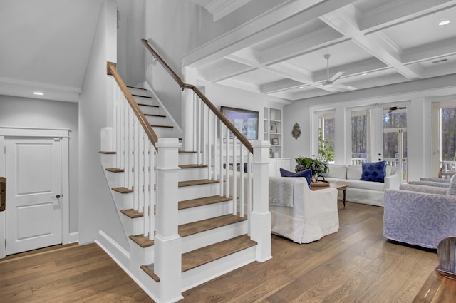 1098 Reserve Ln, Awendaw, SC 29429 - staircase with a ceiling fan, wood finished floors, recessed lighting, beamed ceiling, and coffered ceiling