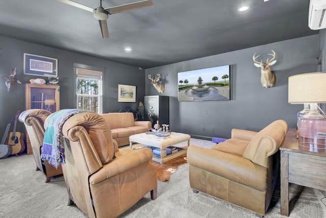 1098 Reserve Ln, Awendaw, SC 29429 - living room featuring a ceiling fan, a wall unit AC, carpet flooring, and recessed lighting