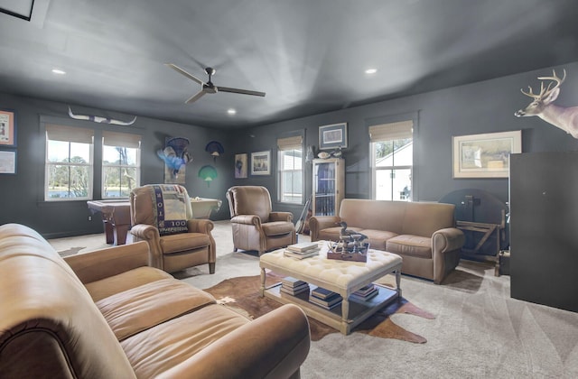 1098 Reserve Ln, Awendaw, SC 29429 - living room featuring carpet floors, recessed lighting, and ceiling fan