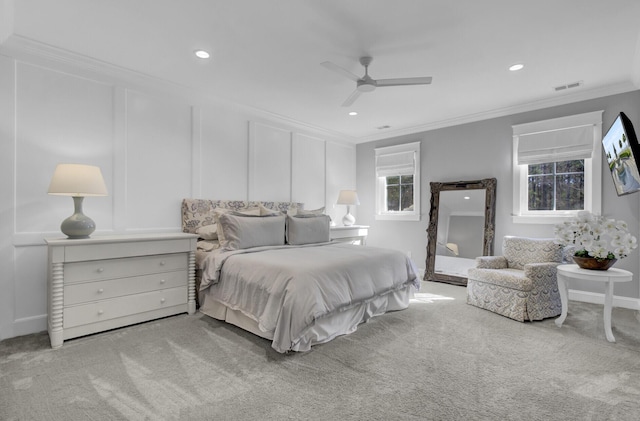 1098 Reserve Ln, Awendaw, SC 29429 - bedroom with a decorative wall, crown molding, carpet flooring, recessed lighting, and a ceiling fan