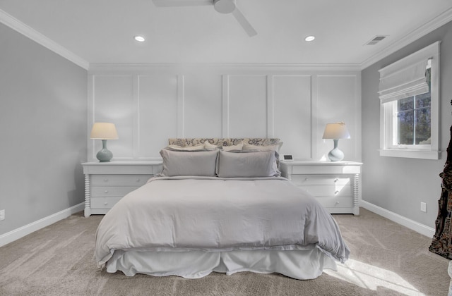 1098 Reserve Ln, Awendaw, SC 29429 - bedroom featuring crown molding, carpet floors, ceiling fan, a decorative wall, and recessed lighting