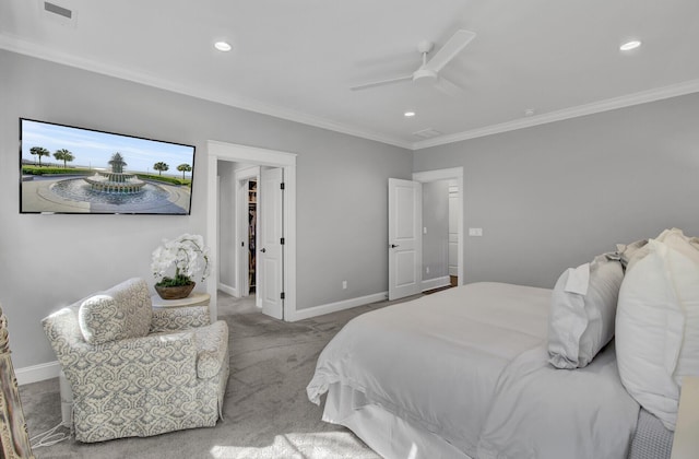 1098 Reserve Ln, Awendaw, SC 29429 - carpeted bedroom with crown molding, a walk in closet, recessed lighting, and ceiling fan