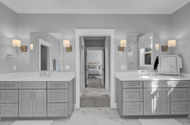 1098 Reserve Ln, Awendaw, SC 29429 - ensuite bathroom with marble finish flooring, two vanities, and crown molding