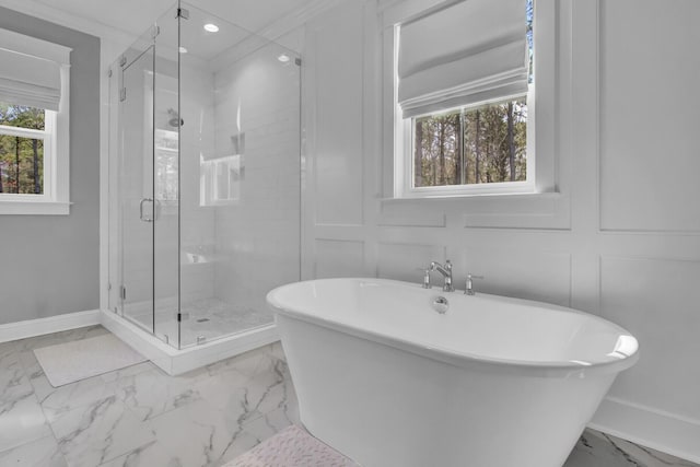 1098 Reserve Ln, Awendaw, SC 29429 - full bathroom with marble finish flooring, a freestanding tub, a shower stall, and recessed lighting
