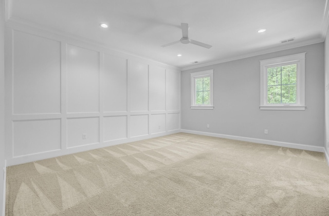 1098 Reserve Ln, Awendaw, SC 29429 - spare room with ornamental molding, a decorative wall, light colored carpet, ceiling fan, and recessed lighting