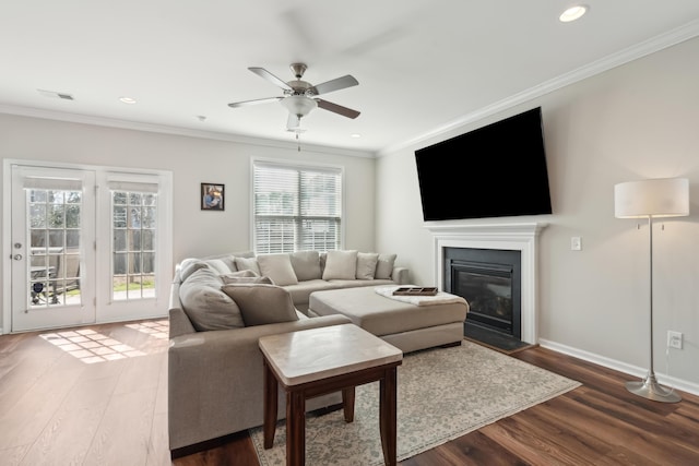 living area featuring ornamental molding, a glass covered fireplace, baseboards, and wood finished floors