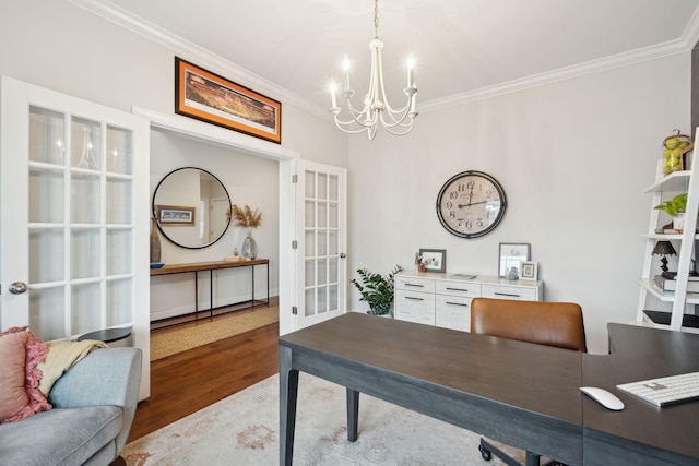 home office featuring french doors, ornamental molding, wood-type flooring, and a notable chandelier