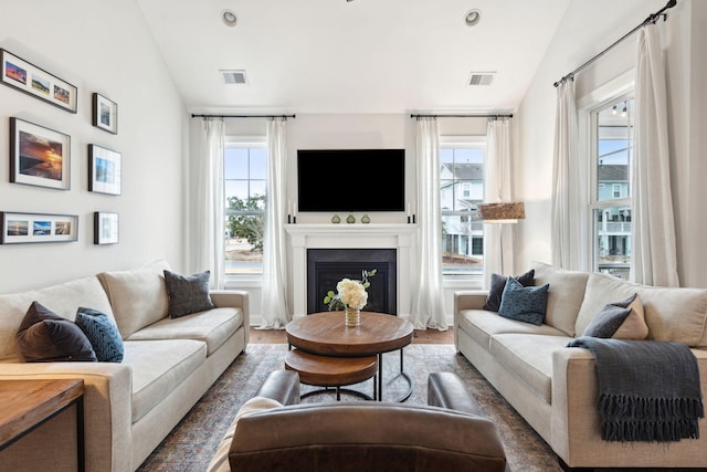 living room featuring dark hardwood / wood-style flooring and vaulted ceiling