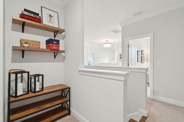 interior space with crown molding and carpet floors