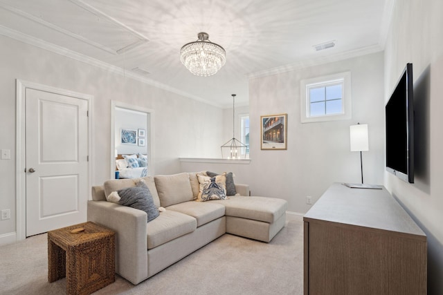 carpeted living room featuring crown molding and a chandelier