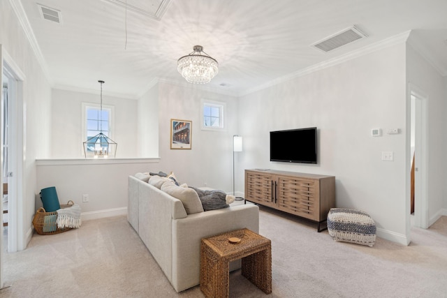 living room with an inviting chandelier, ornamental molding, light carpet, and plenty of natural light