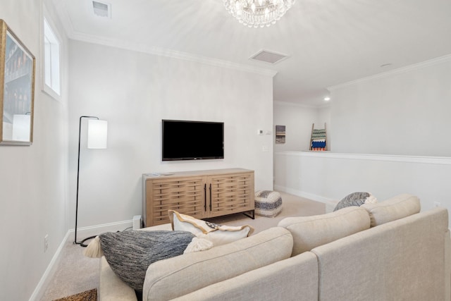 carpeted living room with an inviting chandelier and crown molding