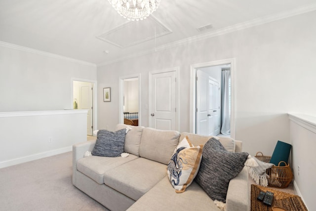 carpeted living room with crown molding