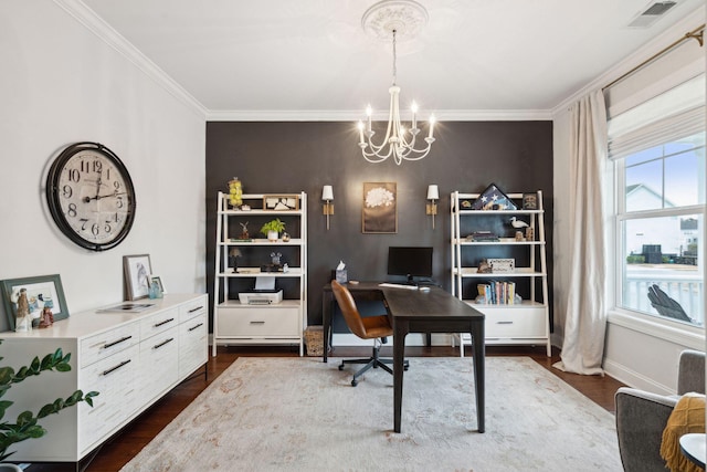 office space with ornamental molding, plenty of natural light, a chandelier, and dark hardwood / wood-style flooring