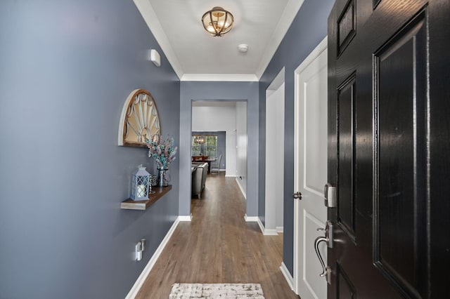 hallway with ornamental molding and wood-type flooring