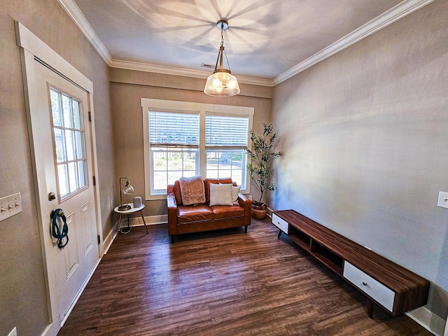 living area with dark hardwood / wood-style floors, crown molding, and a healthy amount of sunlight