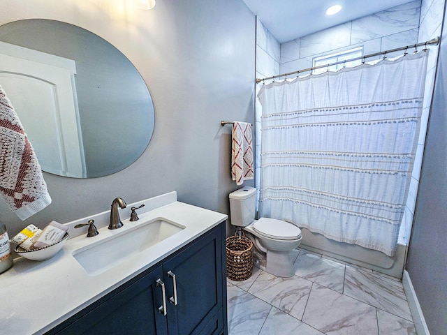 full bathroom featuring toilet, vanity, and shower / bath combination with curtain