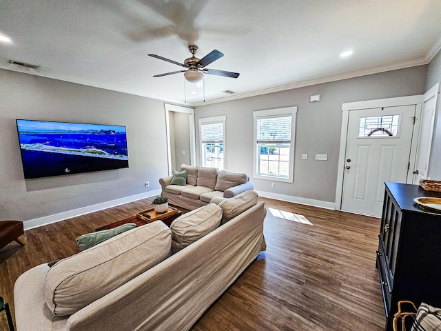 living room featuring ceiling fan, dark hardwood / wood-style floors, and ornamental molding