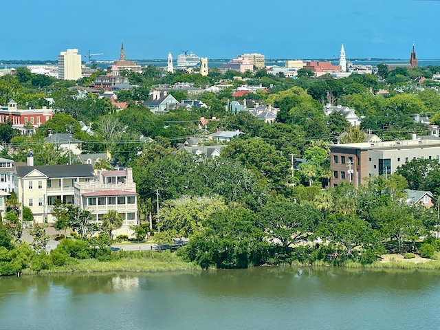 drone / aerial view featuring a water view