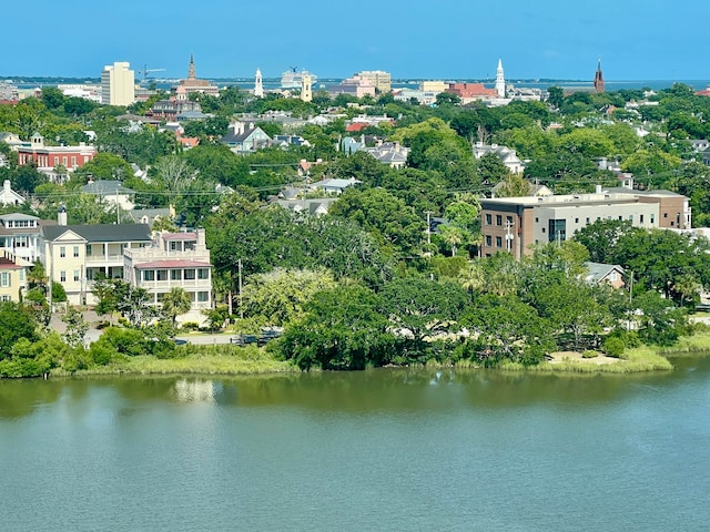 aerial view featuring a water view