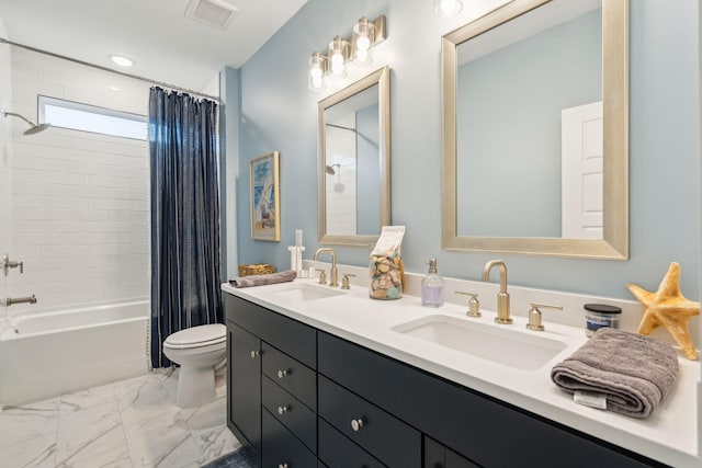 full bathroom with vanity, toilet, and shower / bathtub combination with curtain