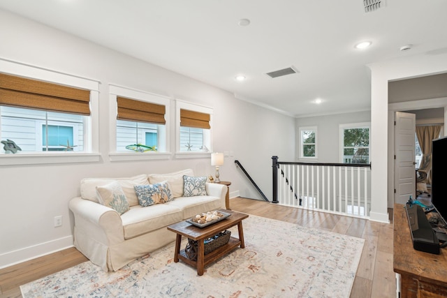 living room with light hardwood / wood-style floors and crown molding