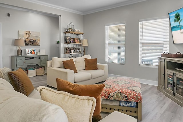 living room with crown molding and light wood-type flooring