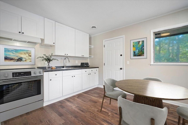 kitchen with dark wood-type flooring, white cabinets, sink, crown molding, and stainless steel range