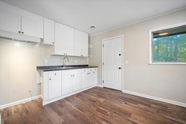 kitchen with white cabinetry, sink, dark hardwood / wood-style floors, a textured ceiling, and ornamental molding