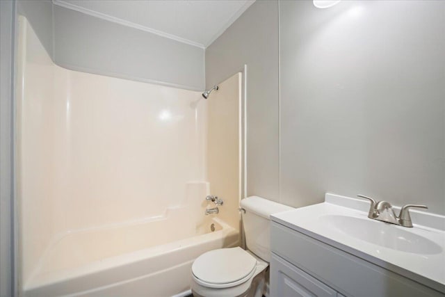 full bathroom with vanity, toilet, shower / bath combination, and ornamental molding