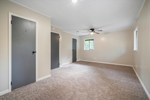 carpeted spare room with ceiling fan and ornamental molding