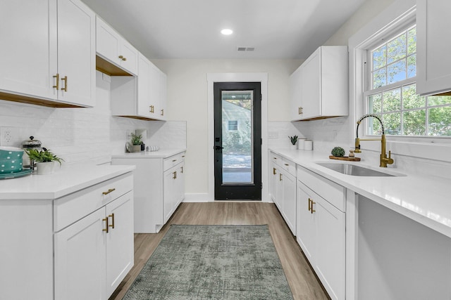 kitchen featuring white cabinets, tasteful backsplash, hardwood / wood-style floors, and sink