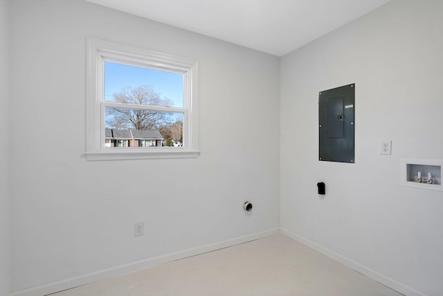 washroom featuring laundry area, washer hookup, electric panel, and baseboards