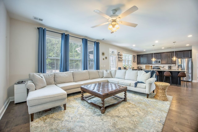 106 Sago Ct, Summerville, SC 29486 - living area featuring recessed lighting, a ceiling fan, wood finished floors, and baseboards