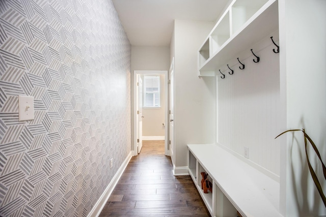 106 Sago Ct, Summerville, SC 29486 - mudroom featuring wallpapered walls, dark wood-style floors, and baseboards