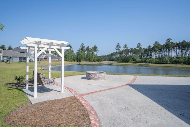 106 Sago Ct, Summerville, SC 29486 - view of home's community with an outdoor fire pit, a water view, a yard, a pergola, and a patio