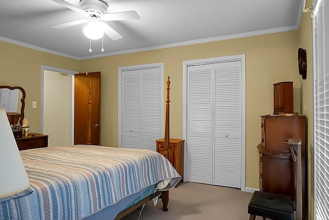 bedroom featuring crown molding, two closets, ceiling fan, and carpet