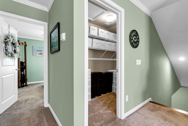 hallway with light carpet and ornamental molding