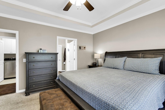 carpeted bedroom with crown molding and ceiling fan