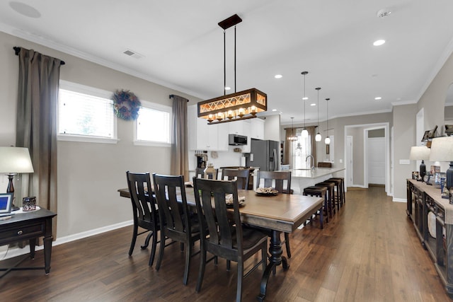 dining space featuring crown molding, sink, and dark wood-type flooring