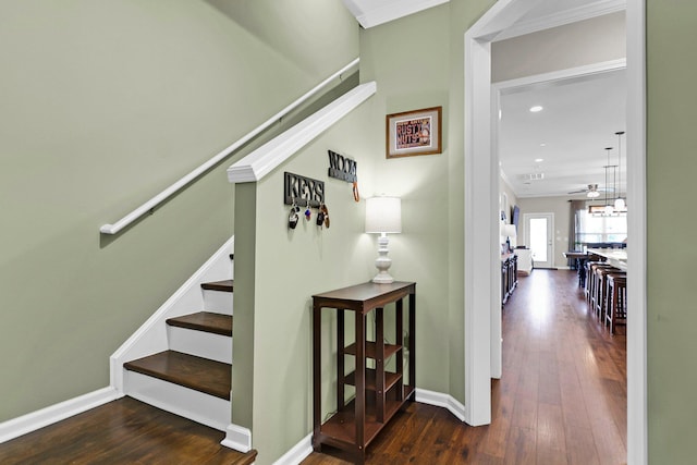 staircase featuring crown molding and hardwood / wood-style flooring