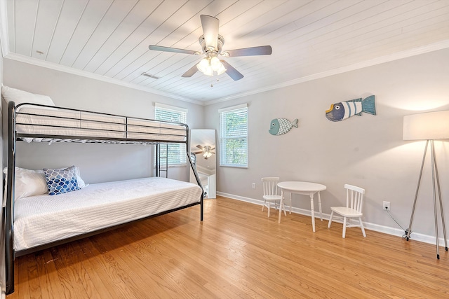 4587 Durant Ave, North Charleston, SC 29405 - bedroom with light wood-style floors, wood ceiling, crown molding, baseboards, and ceiling fan