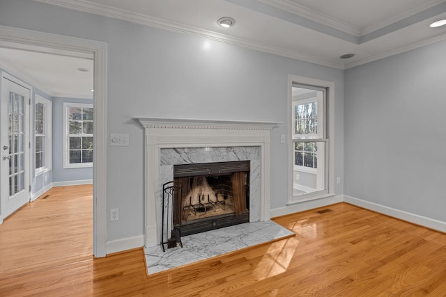 room details featuring crown molding, hardwood / wood-style flooring, and a fireplace