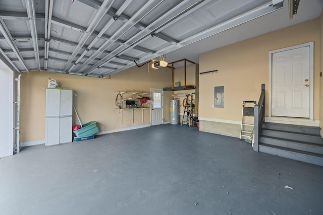 garage with a garage door opener, electric panel, and water heater