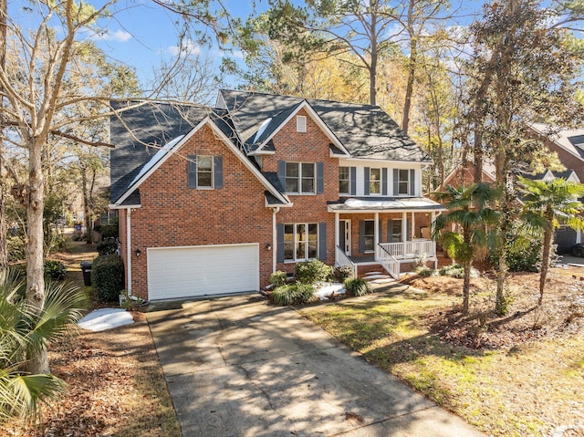 view of front of house with a porch and a garage