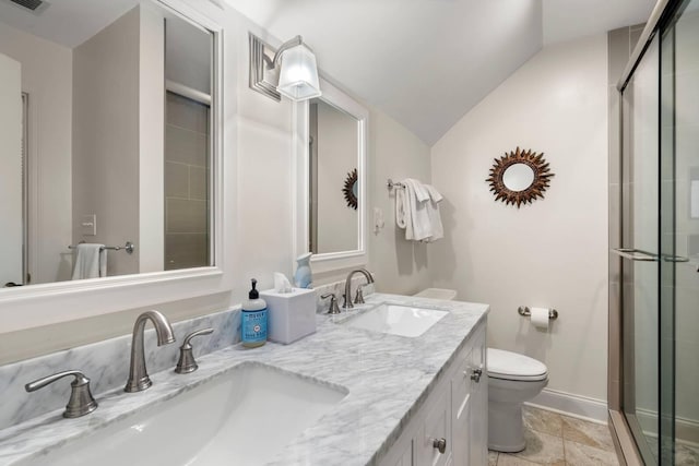 5558 Green Dolphin Way, Kiawah Island, SC 29455 - bathroom featuring vaulted ceiling, double vanity, and a shower with shower door