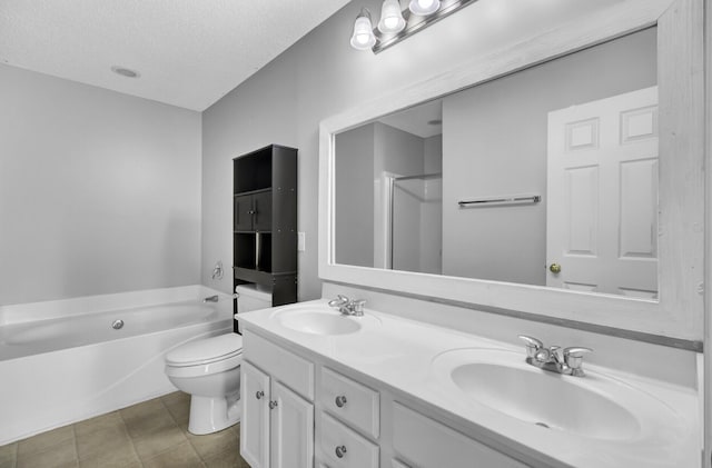 full bathroom with toilet, a textured ceiling, vanity, plus walk in shower, and tile patterned flooring