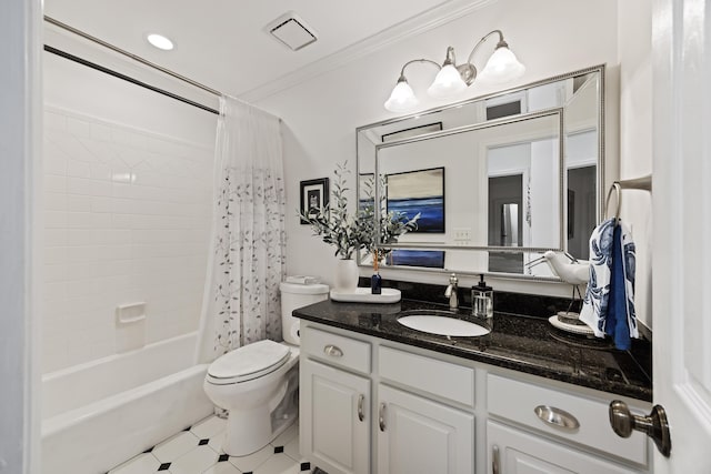 full bathroom with vanity, toilet, shower / bath combo with shower curtain, and crown molding