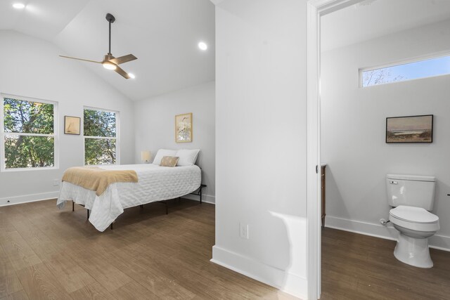 bedroom with ceiling fan, hardwood / wood-style floors, and lofted ceiling